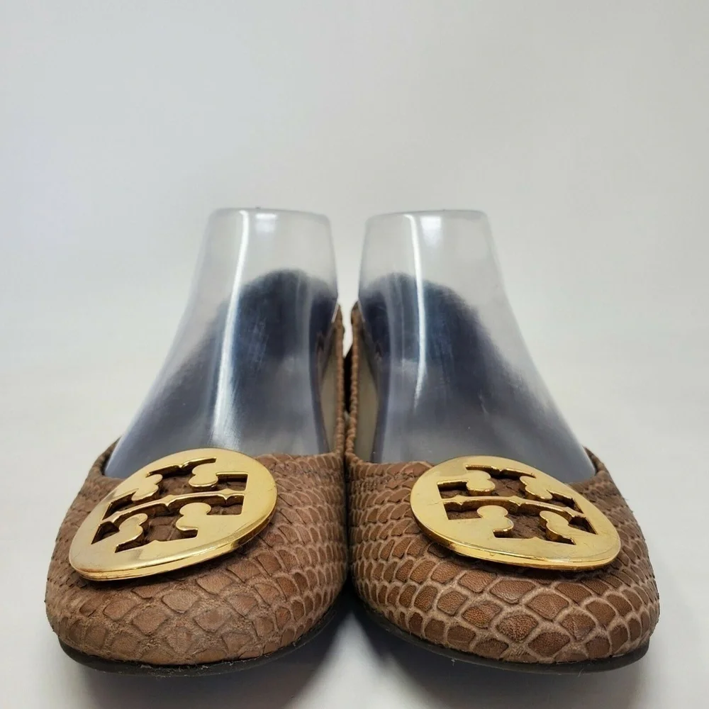 TORY BURCH Brown Reva Ballet Flat Snake Skin Leather Women's Sz 6.5 M